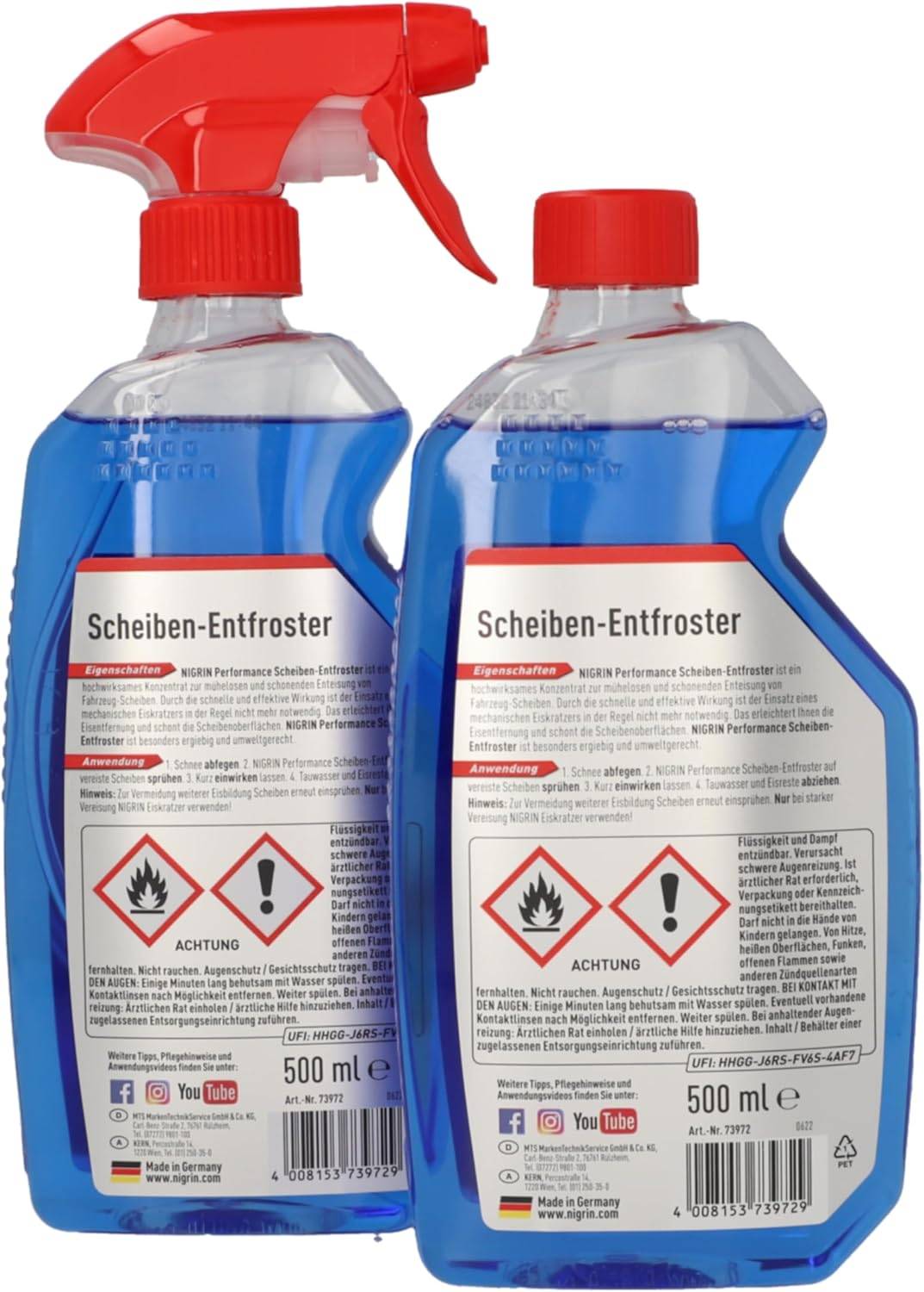 NIGRIN Scheiben-Entfroster Sprühflasche 1x500ml + 1x500ml Nachfüllflasche, Scheiben-Enteiser-Spray, Pumpzerstäuber, wirksam bis -55° C, verhindert Wiedervereisung – Bild 3