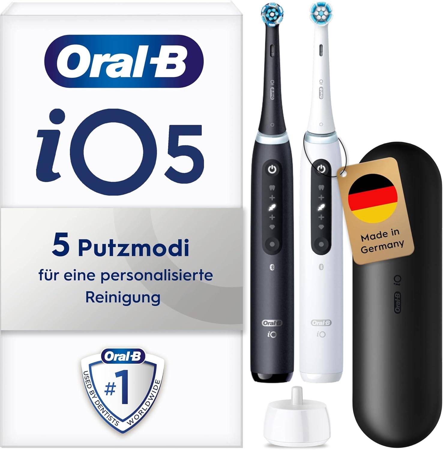 Oral-B iO Series 5 Elektrische Zahnbürste Doppelpack — Electric Toothbrush, Inkl. 2 Aufsteckbürsten und Reise-Etui — 5 Putzmodi für Zahnpflege, Zahnbürste Elektrisch, Designed by Braun, Schwarz/Weiß