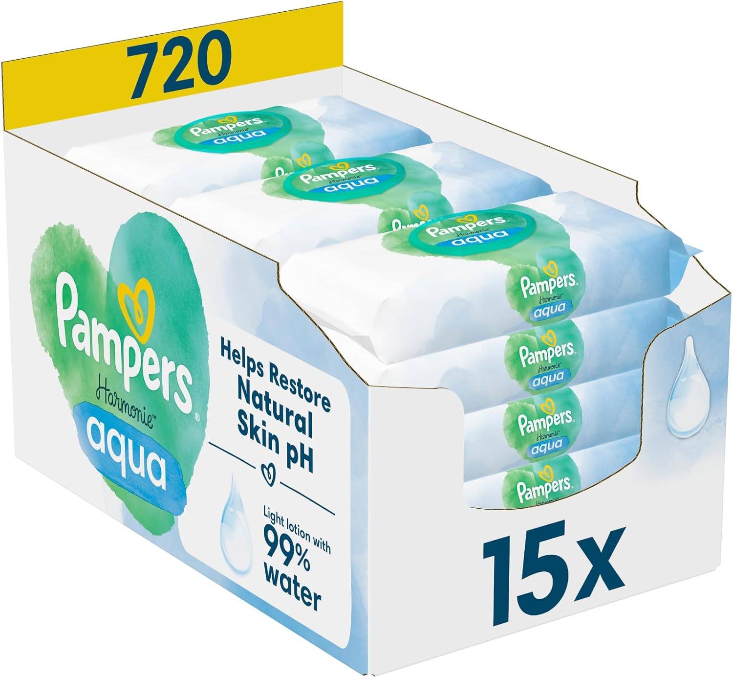 Pampers Harmonie Aqua Feuchttücher 15 Packungen mit jeweils 48 Feuchttüchern - 720 Feuchttücher, die helfen, den natürlichen pH-Wert der Haut wiederherzustellen, leichte Lotion mit 99% Wasser