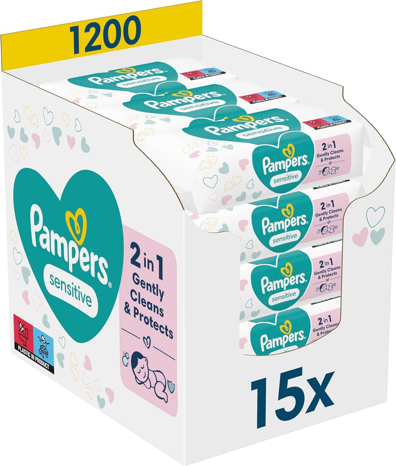 Pampers Sensitive Feuchttücher 15 Packungen mit 80 Stück, 1200 Feuchttücher, ohne Duft, für eine sanfte und weiche Reinigung