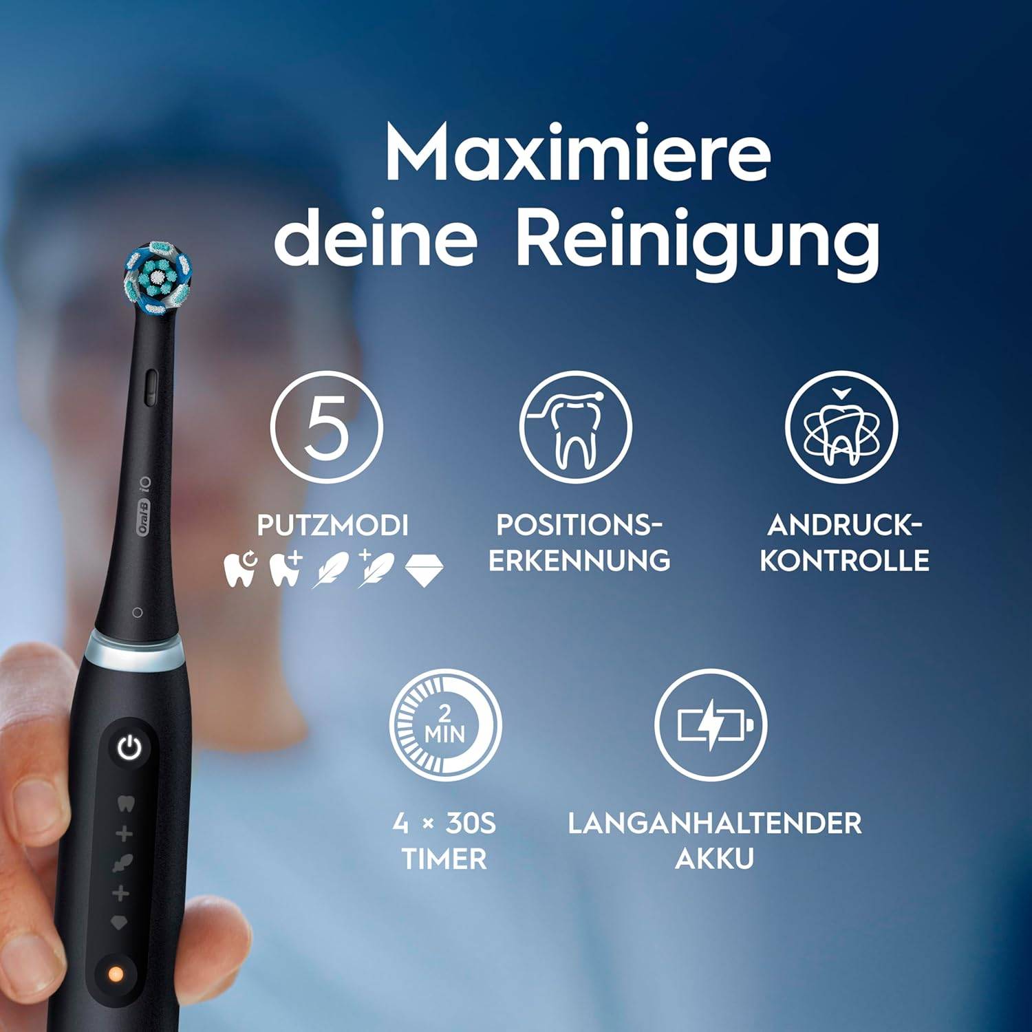Oral-B iO Series 5 Elektrische Zahnbürste Doppelpack — Electric Toothbrush, Inkl. 2 Aufsteckbürsten und Reise-Etui — 5 Putzmodi für Zahnpflege, Zahnbürste Elektrisch, Designed by Braun, Schwarz/Weiß – Bild 2