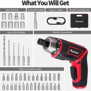 AVID POWER Elektrisches Schraubendreher-Set, wiederaufladbar, 4 V, Akkuschrauber-Set mit 44-teiligem Zubehör, 5,65 Nm Schraubenpistole, 5+1 Drehmomenteinstellung, 2-Positionen-Griff mit LED-Licht