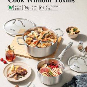 Edelstahl-Kochgeschirr-Set, Tir-Ply Töpfe und Pfannen, 10-teilig, Edelstahl, Induktionskochgeschirr-Set, PFOA-frei, Bratpfannen, Töpfe, Sautepfanne und Suppentopf, kompatibel mit allen Herdarten