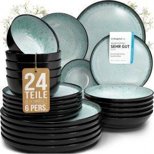 Geschirrset 6 Personen Ibiza 24 tlg. TESTSIEGER, Traumhaftes Mediterranes Steingut Geschirr Set, Schüssel- und Teller Set, Tafelservice 6 Personen, Geschirrsets Pure Living in Salbeigrün