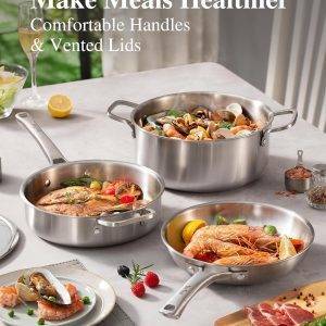 Edelstahl-Kochgeschirr-Set, Tir-Ply Töpfe und Pfannen, 10-teilig, Edelstahl, Induktionskochgeschirr-Set, PFOA-frei, Bratpfannen, Töpfe, Sautepfanne und Suppentopf, kompatibel mit allen Herdarten