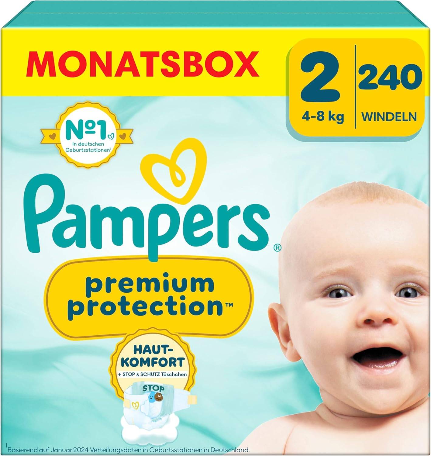 Pampers Premium Protection Größe 2, 240 Windeln, 4kg-8kg, Doppelter Schutz für die Haut und vor Auslaufen